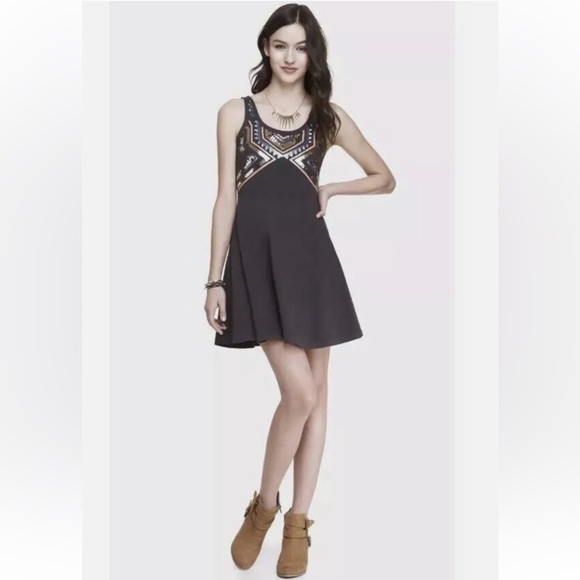Express Dresses & Skirts - Express Aztec Sequin Sleeveless Fit & Flare A-Line Skater Dress Black Size Small